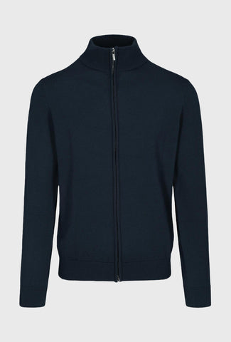 Zapinany kardigan wełniany ze stójką w kolorze ciemnogranatowym