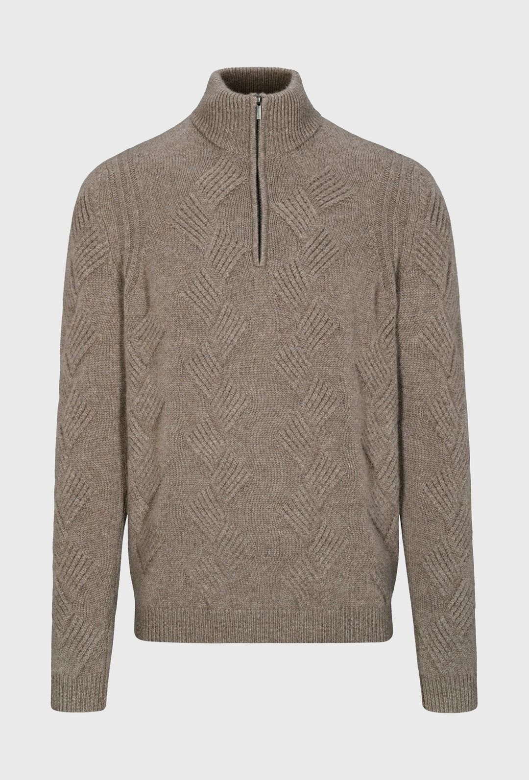 Taupe sweter z warkoczowym splotem i suwakiem