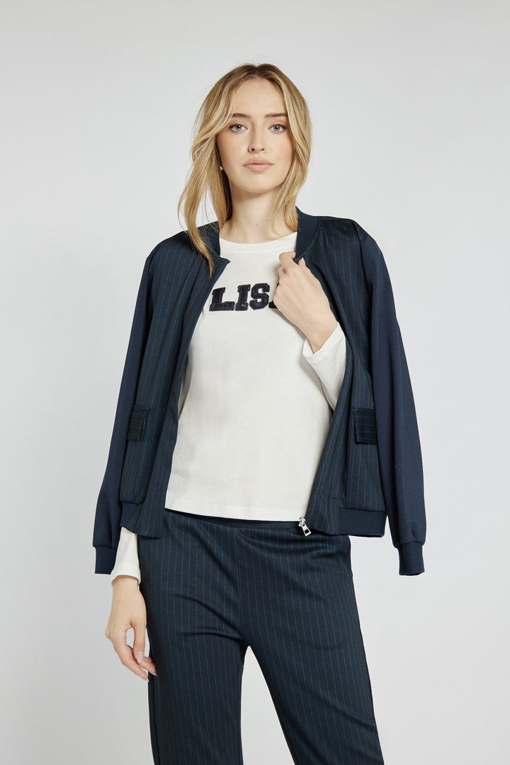 Granatowa rozpinana bluza z wzorem w paski
