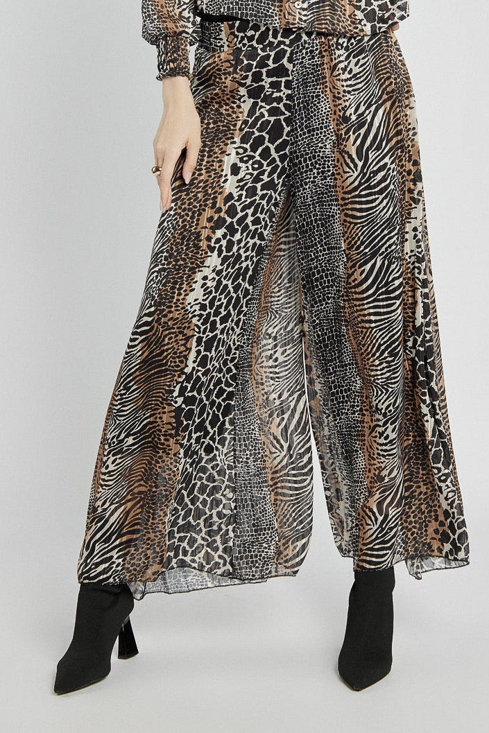 Szerokie spodnie w zwierzęcy print z szyfonu