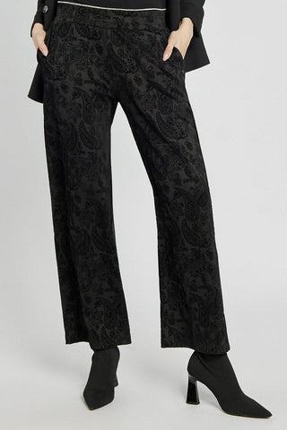 Eleganckie czarne spodnie w wytłaczany wzór paisley