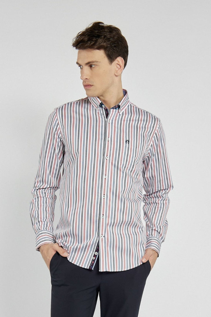 Męska koszula w kolorowe paski z kołnierzykiem button-down
