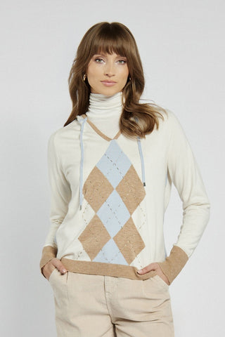 Damski sweter golf w romby beżowo-niebieskie
