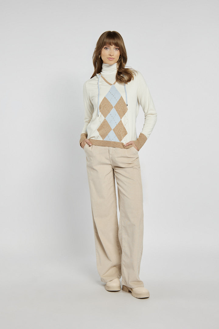 Damski sweter golf w romby beżowo-niebieskie