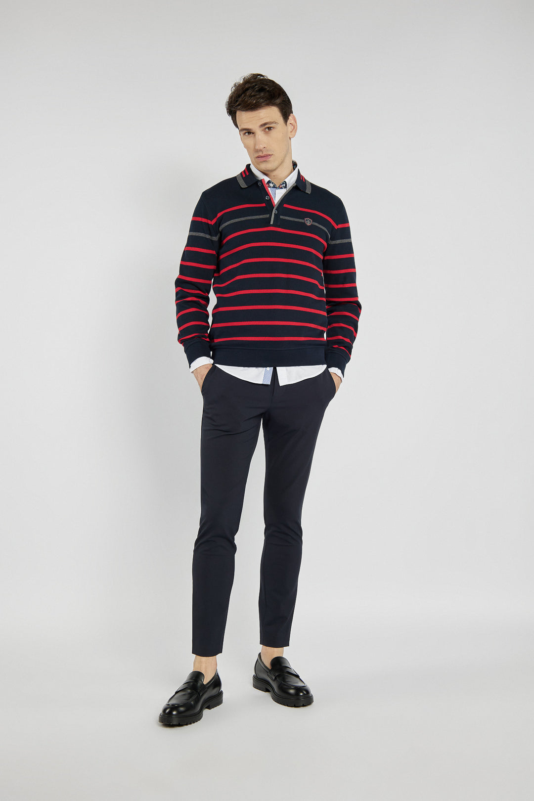 Granatowy sweter męski Campione w czerwone pasy
