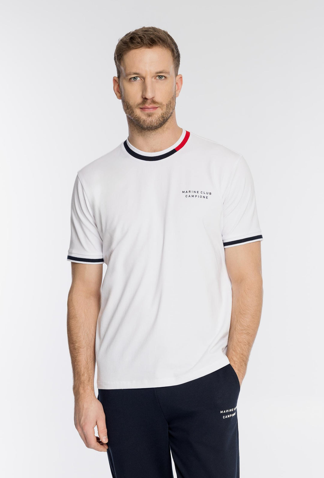 Biały męski T-shirt Campione z kolorowym kołnierzykiem