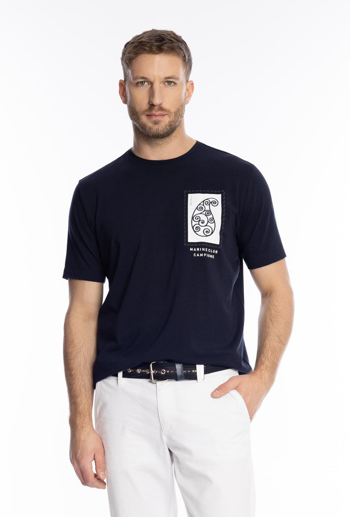 Granatowy męski T-shirt z artystycznym motywem paisley