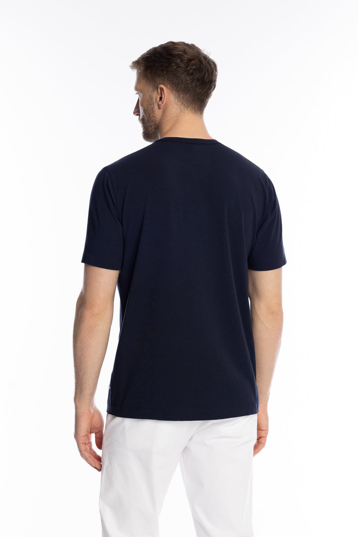 Granatowy męski T-shirt z artystycznym motywem paisley