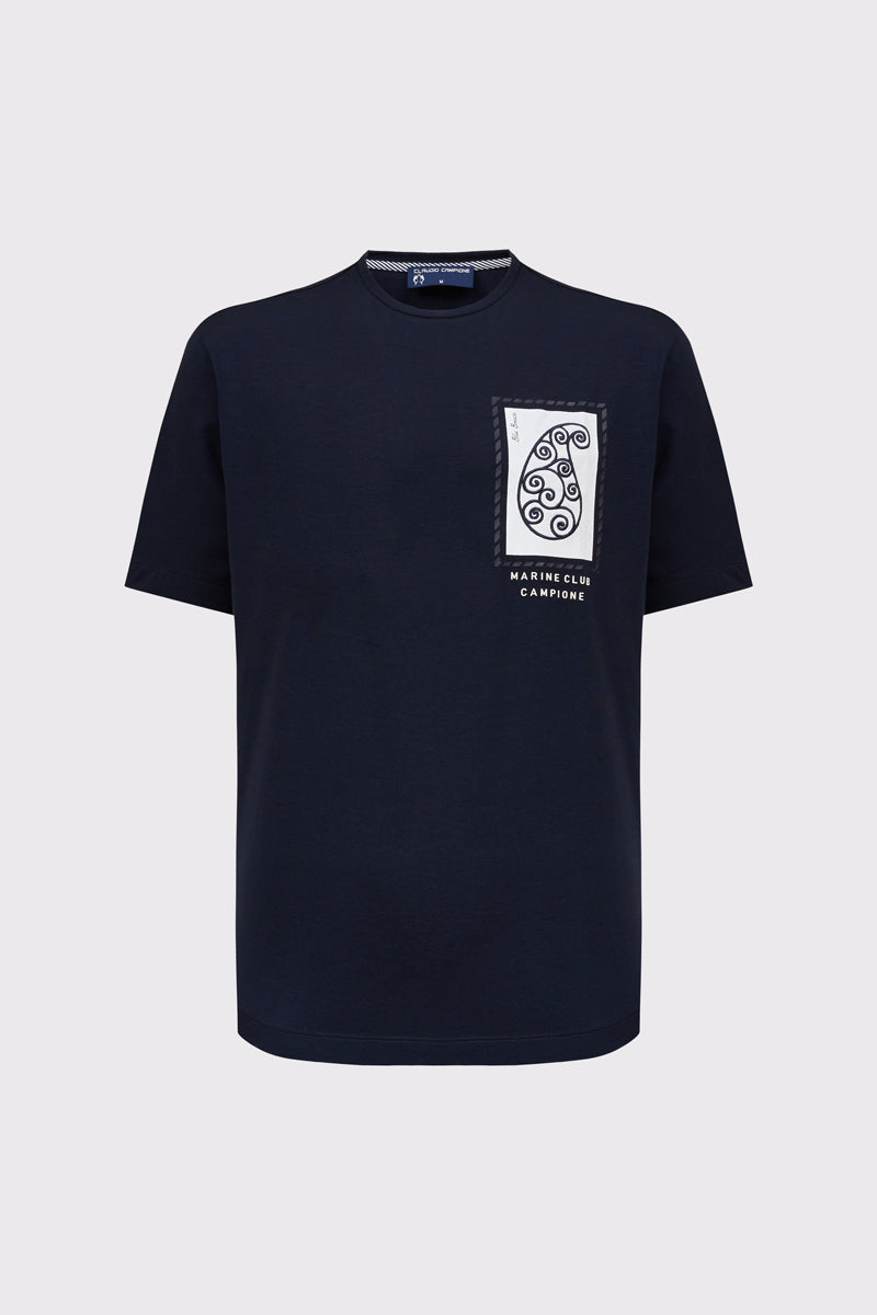 Granatowy męski T-shirt z artystycznym motywem paisley