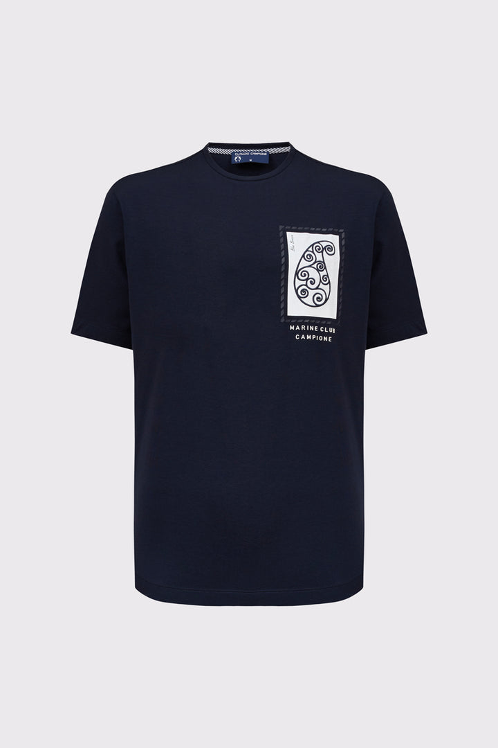 Granatowy męski T-shirt z artystycznym motywem paisley