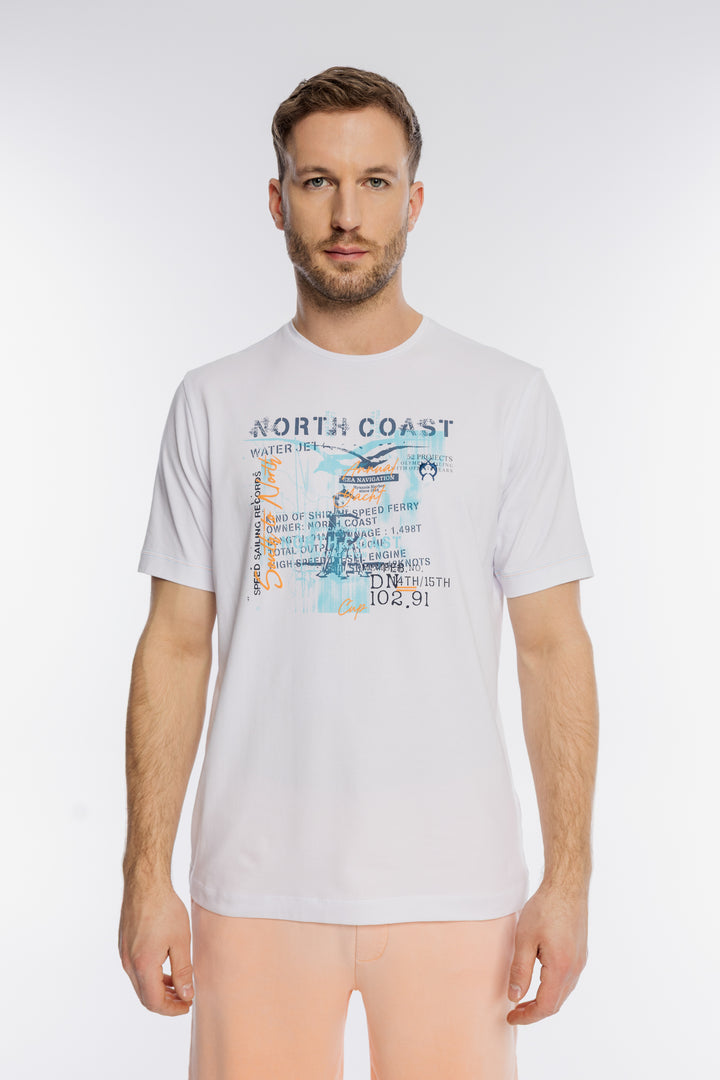 Męski biały T-shirt Campione z niebieskim nadrukiem