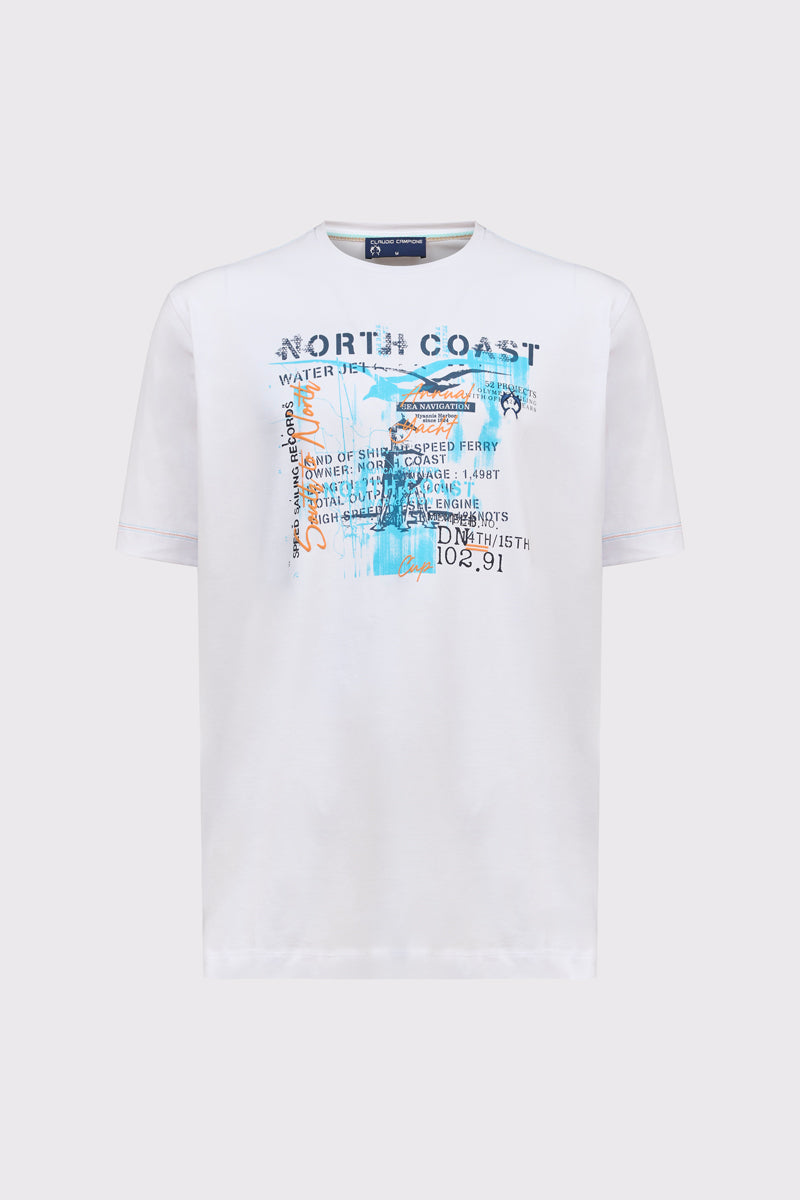 Męski biały T-shirt Campione z niebieskim nadrukiem