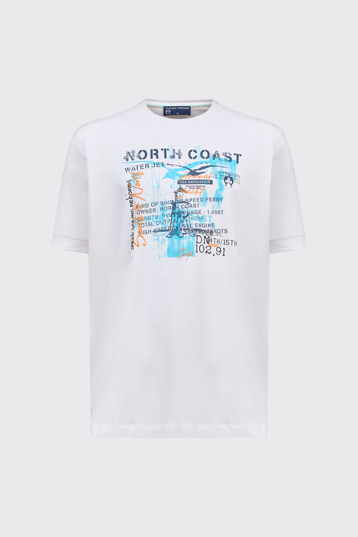 Męski biały T-shirt Campione z niebieskim nadrukiem