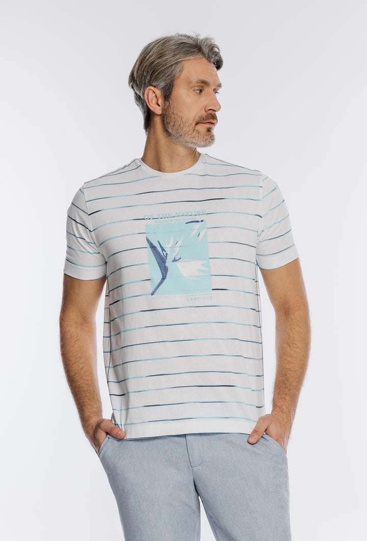 Męski biały T-shirt Campione w niebieskie paski