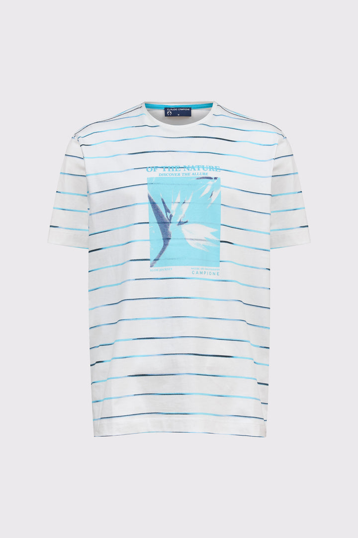 Męski biały T-shirt Campione w niebieskie paski