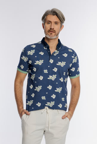 Granatowa męska koszulka polo w kwiatowy wzór