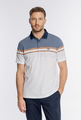 Męska koszulka polo z kolorowymi paskami i jeansowym kołnierzykiem