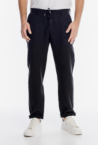 Męskie czarne spodnie lniane z wiązaniem w pasie