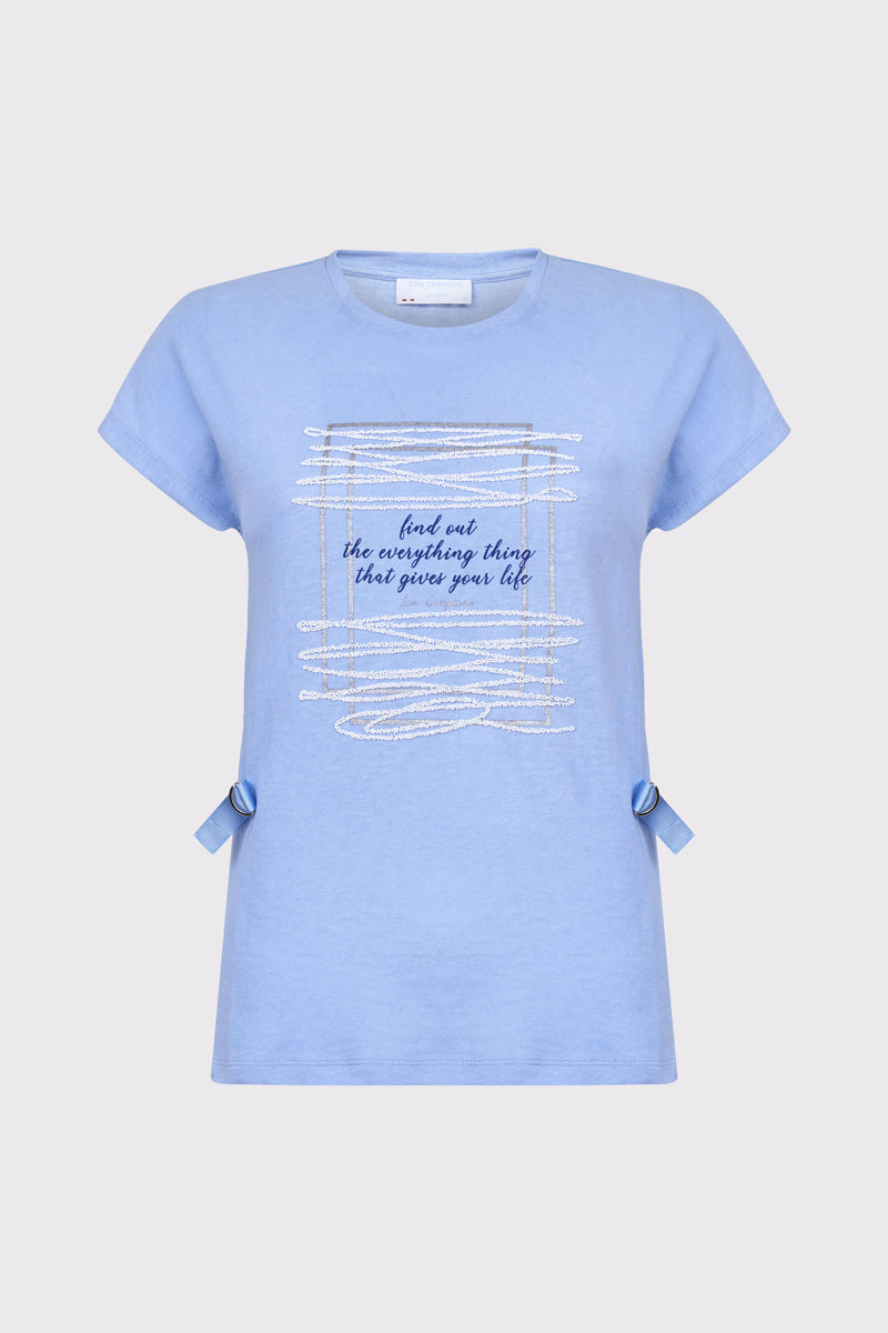 Błękitny T-shirt Campione z ozdobnym nadrukiem i tasiemkami