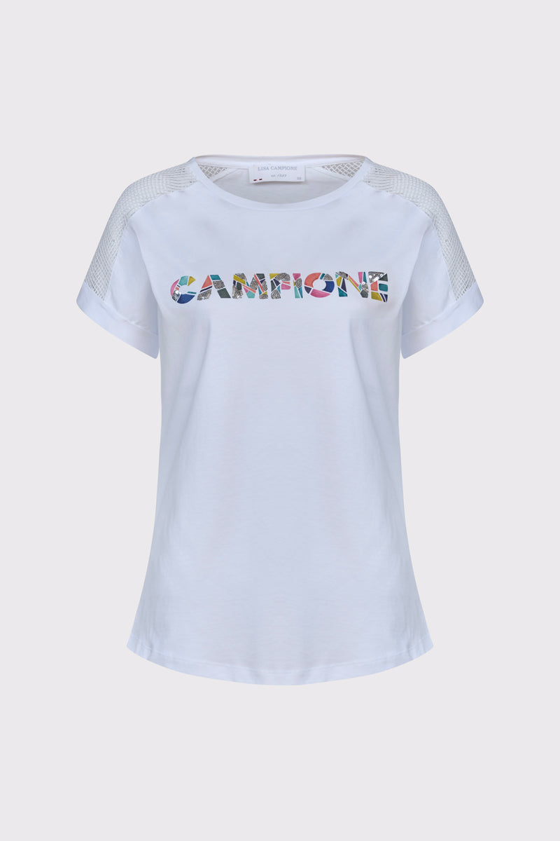 Biały t-shirt z kolorowym napisem i siateczką