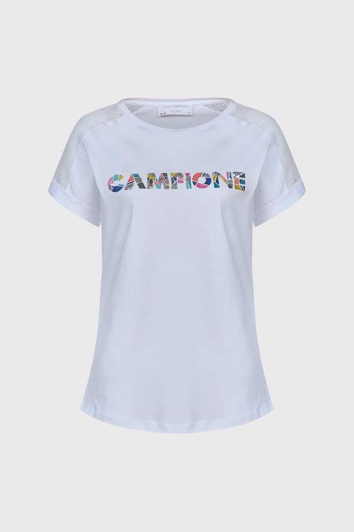Biały t-shirt z kolorowym napisem i siateczką