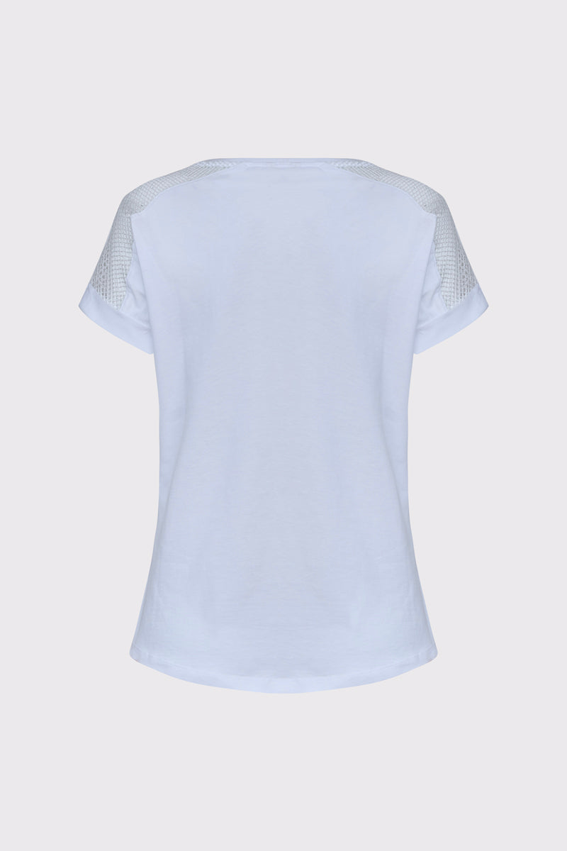 Biały t-shirt z kolorowym napisem i siateczką