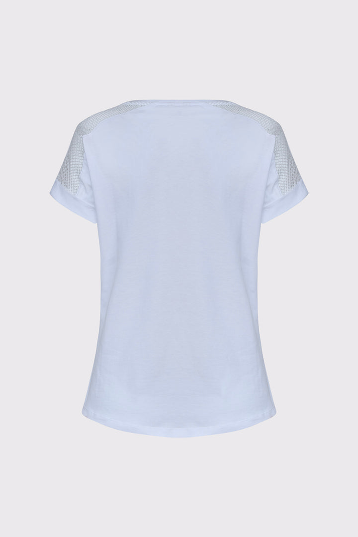 Biały t-shirt z kolorowym napisem i siateczką