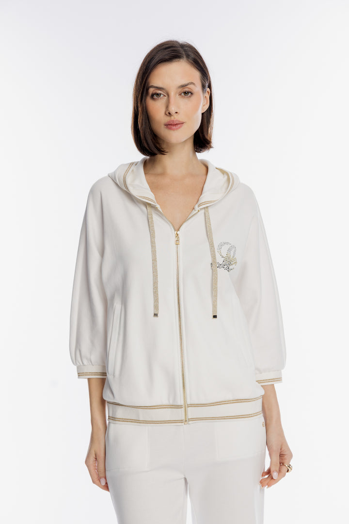 Elegancka biała bluza rozpinana ze złotymi detalami