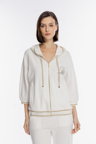 Elegancka biała bluza rozpinana ze złotymi detalami