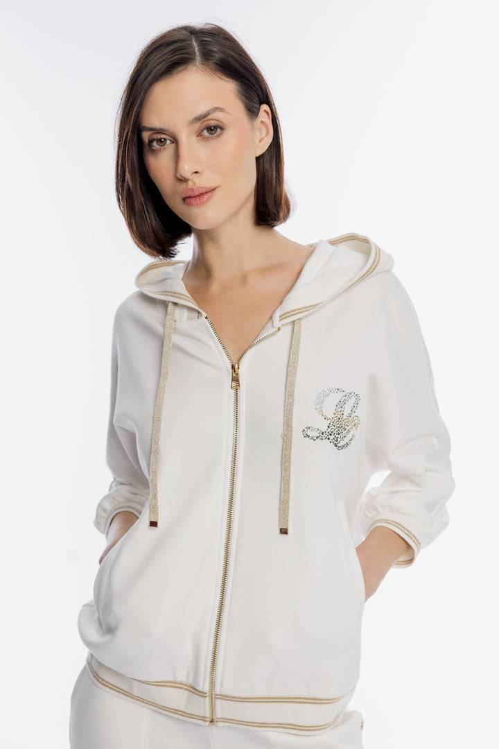 Elegancka biała bluza rozpinana ze złotymi detalami
