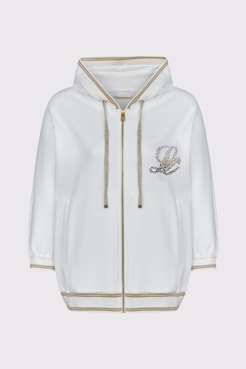 Elegancka biała bluza rozpinana ze złotymi detalami