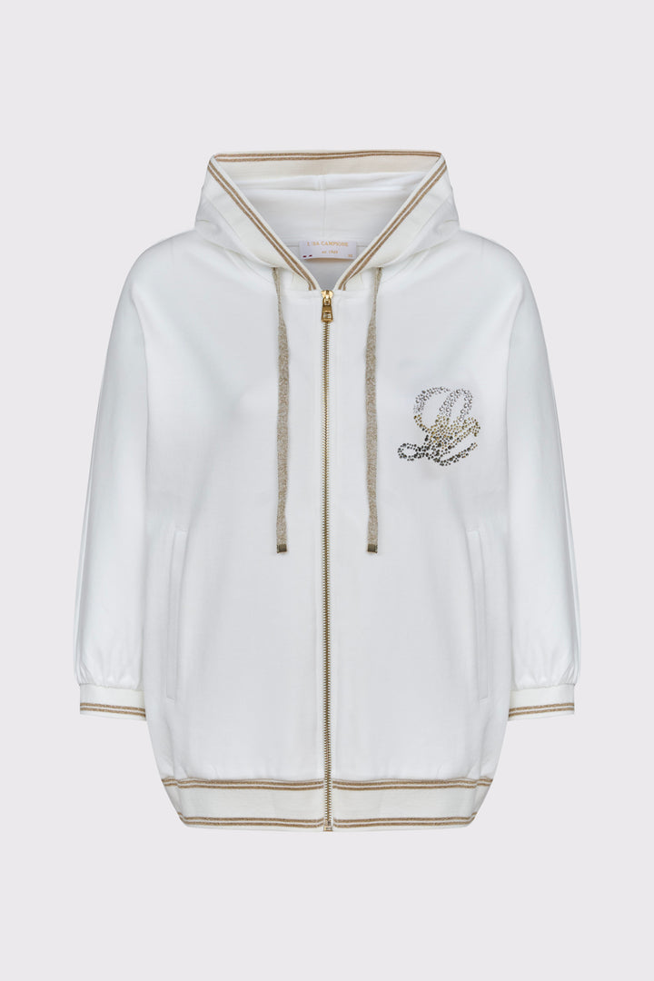 Elegancka biała bluza rozpinana ze złotymi detalami