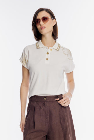 Biała bluzka polo ze złotym kwiatowym haftem