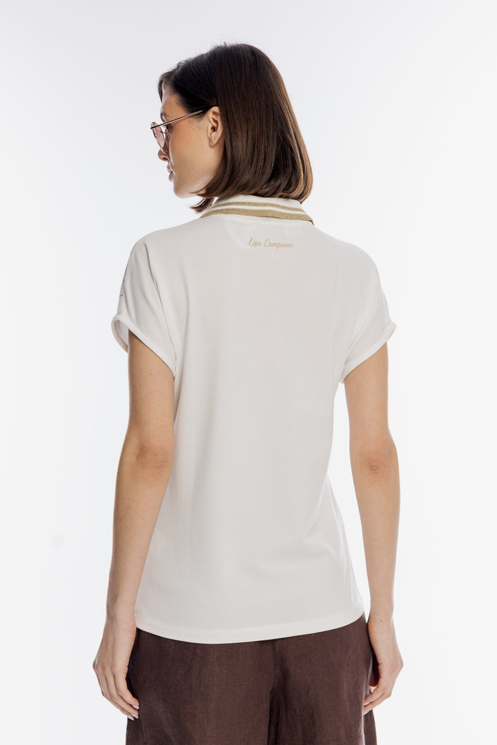 Biała bluzka polo ze złotym kwiatowym haftem