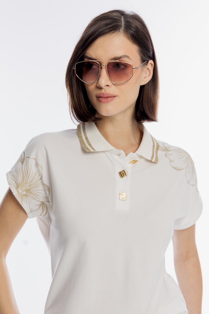 Biała bluzka polo ze złotym kwiatowym haftem