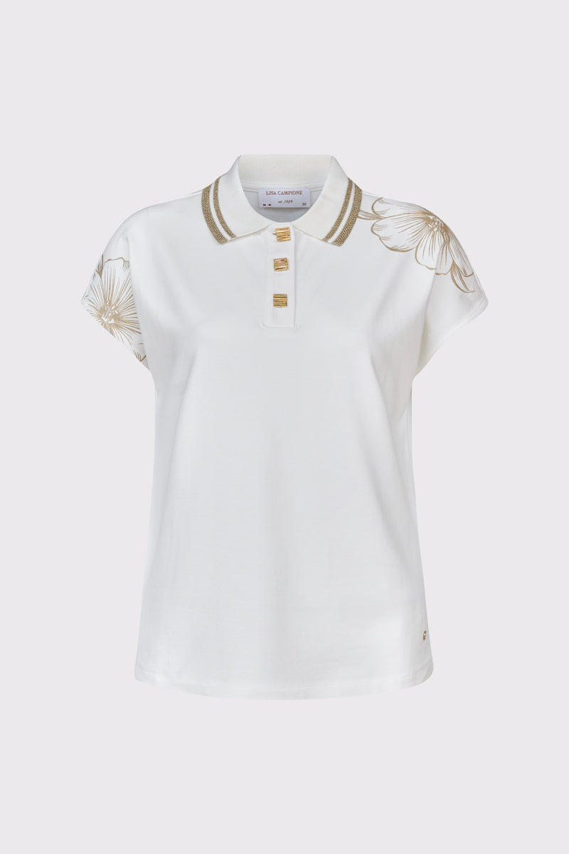 Biała bluzka polo ze złotym kwiatowym haftem