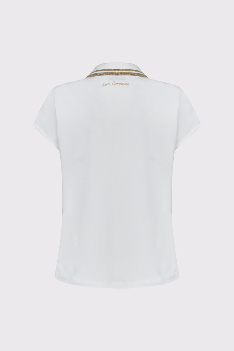 Biała bluzka polo ze złotym kwiatowym haftem
