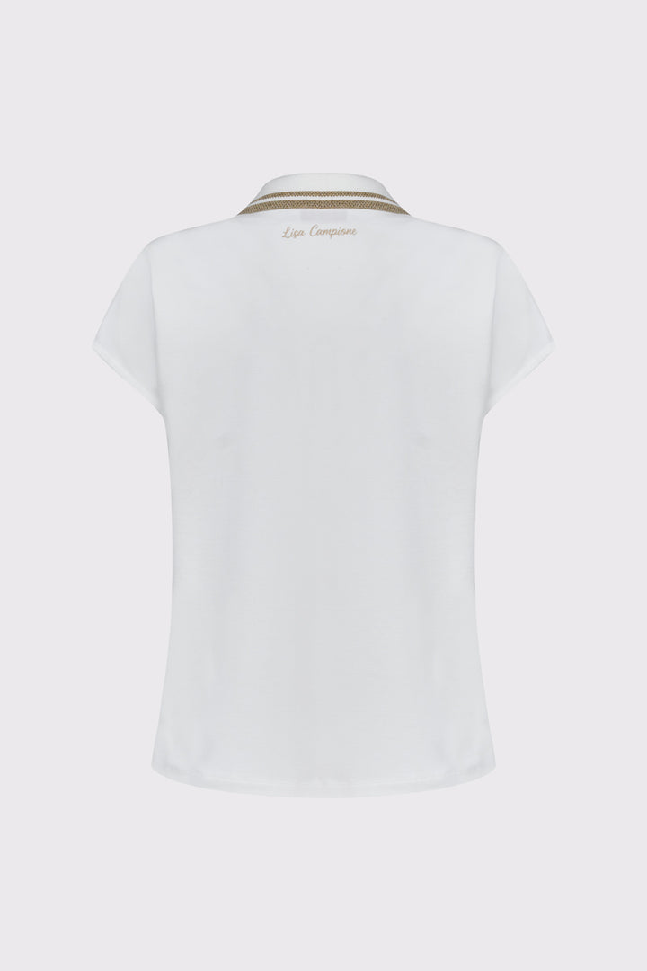 Biała bluzka polo ze złotym kwiatowym haftem