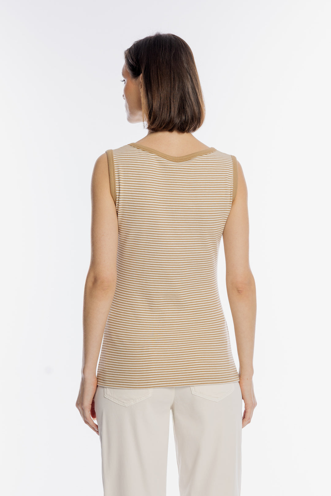 Prążkowany top w beżowo-białe poziome paski