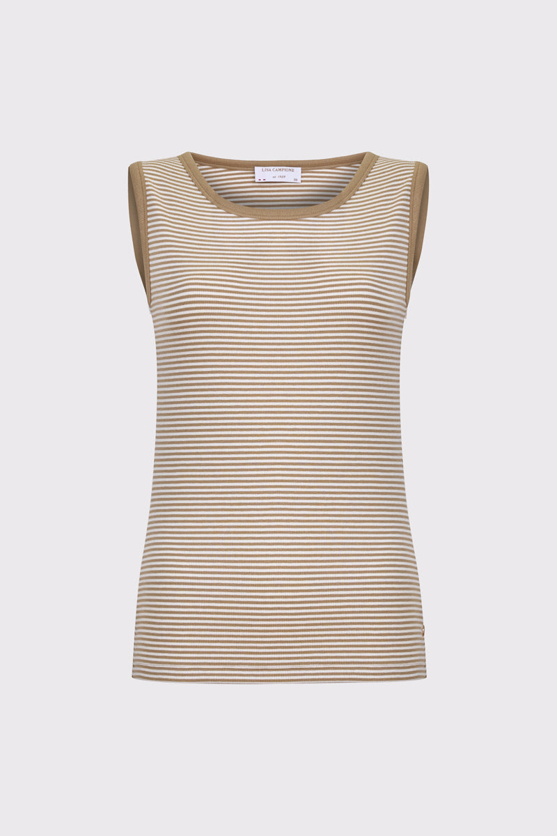 Prążkowany top w beżowo-białe poziome paski