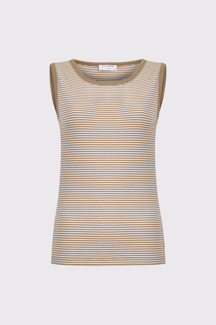 Prążkowany top w beżowo-białe poziome paski