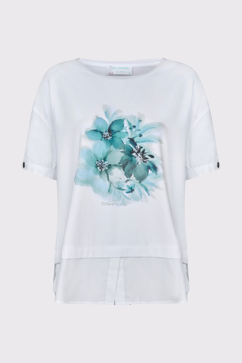 Biały t-shirt z kwiatowym nadrukiem i miętowe spodnie