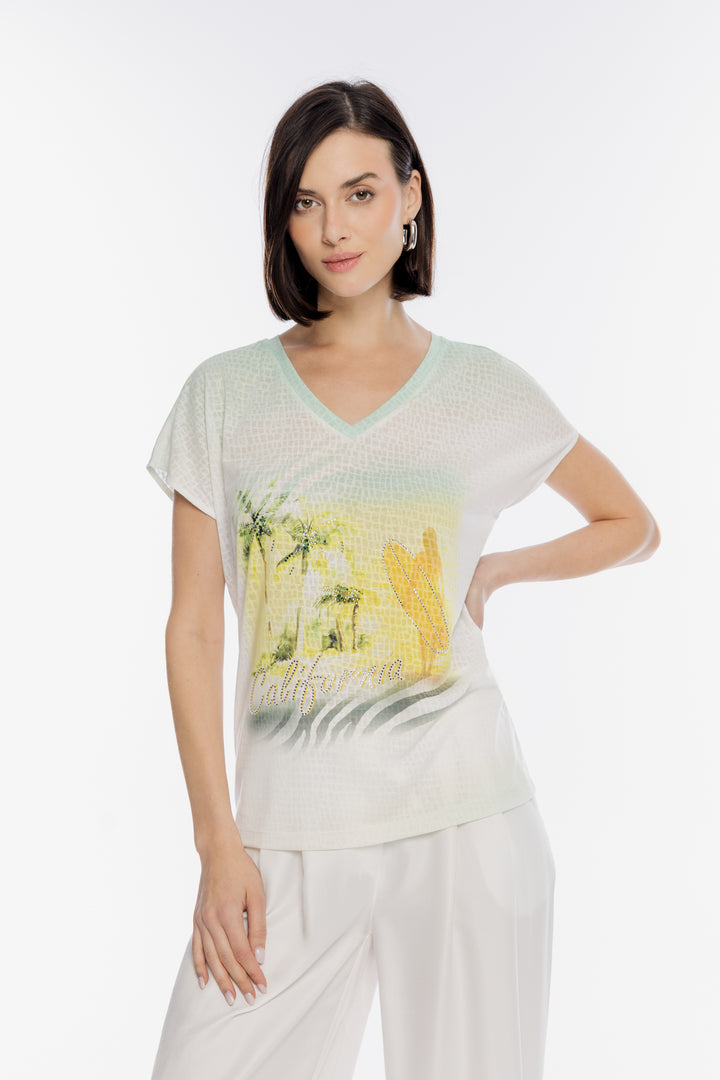 Lekki T-shirt z wakacyjnym nadrukiem California i cyrkoniami