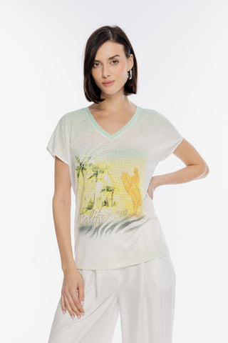Lekki T-shirt z wakacyjnym nadrukiem California i cyrkoniami