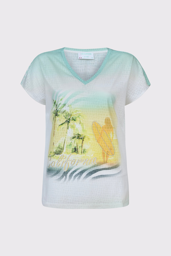 Lekki T-shirt z wakacyjnym nadrukiem California i cyrkoniami
