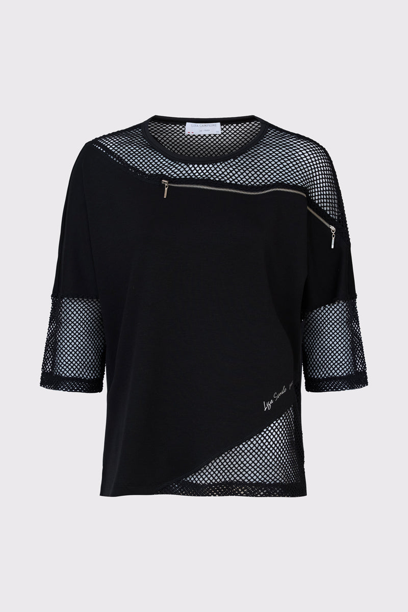 Czarna bluza z ozdobną siatką i metalowym zamkiem