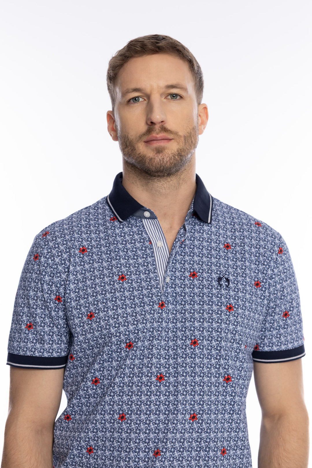 Niebieska męska koszulka polo w kwiatowy wzór