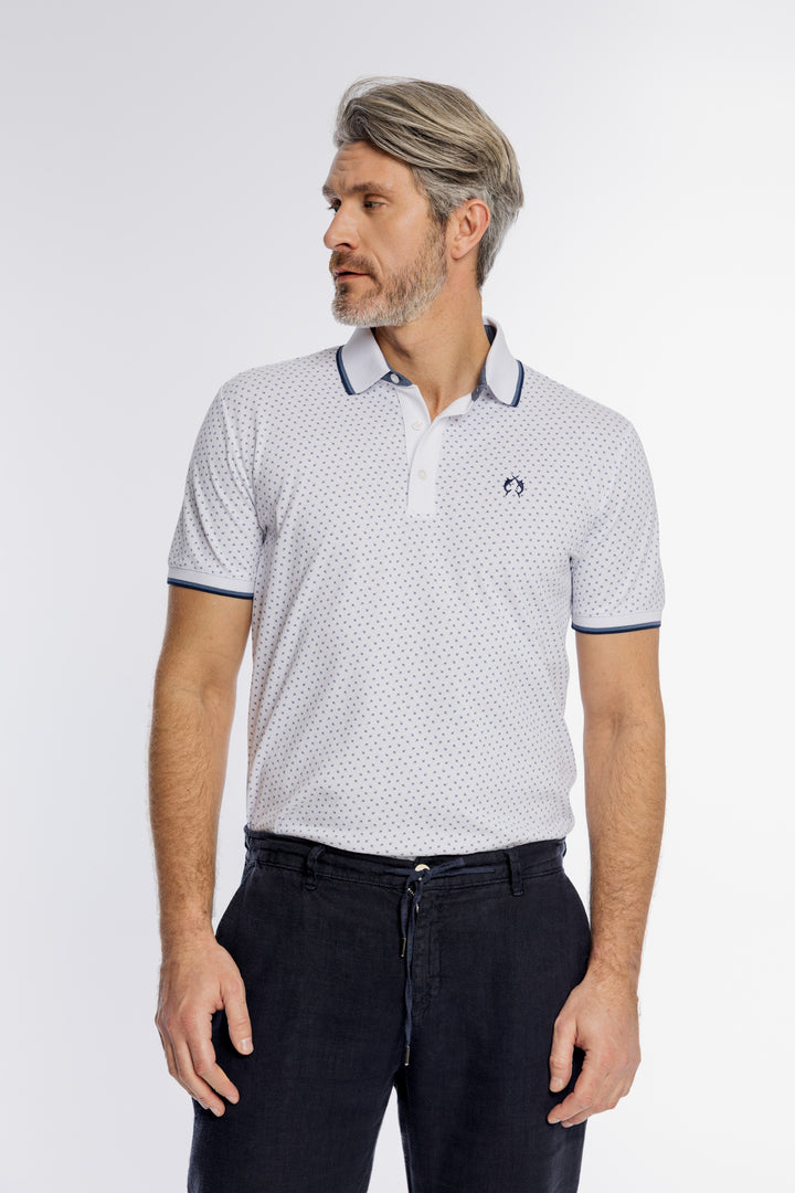 Biała męska koszulka polo w drobny niebieski wzór