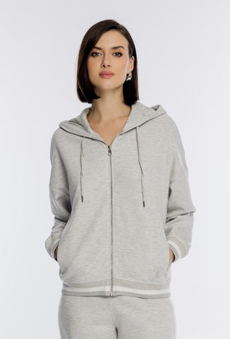 Szara rozpinana bluza z kapturem i srebrną nitką