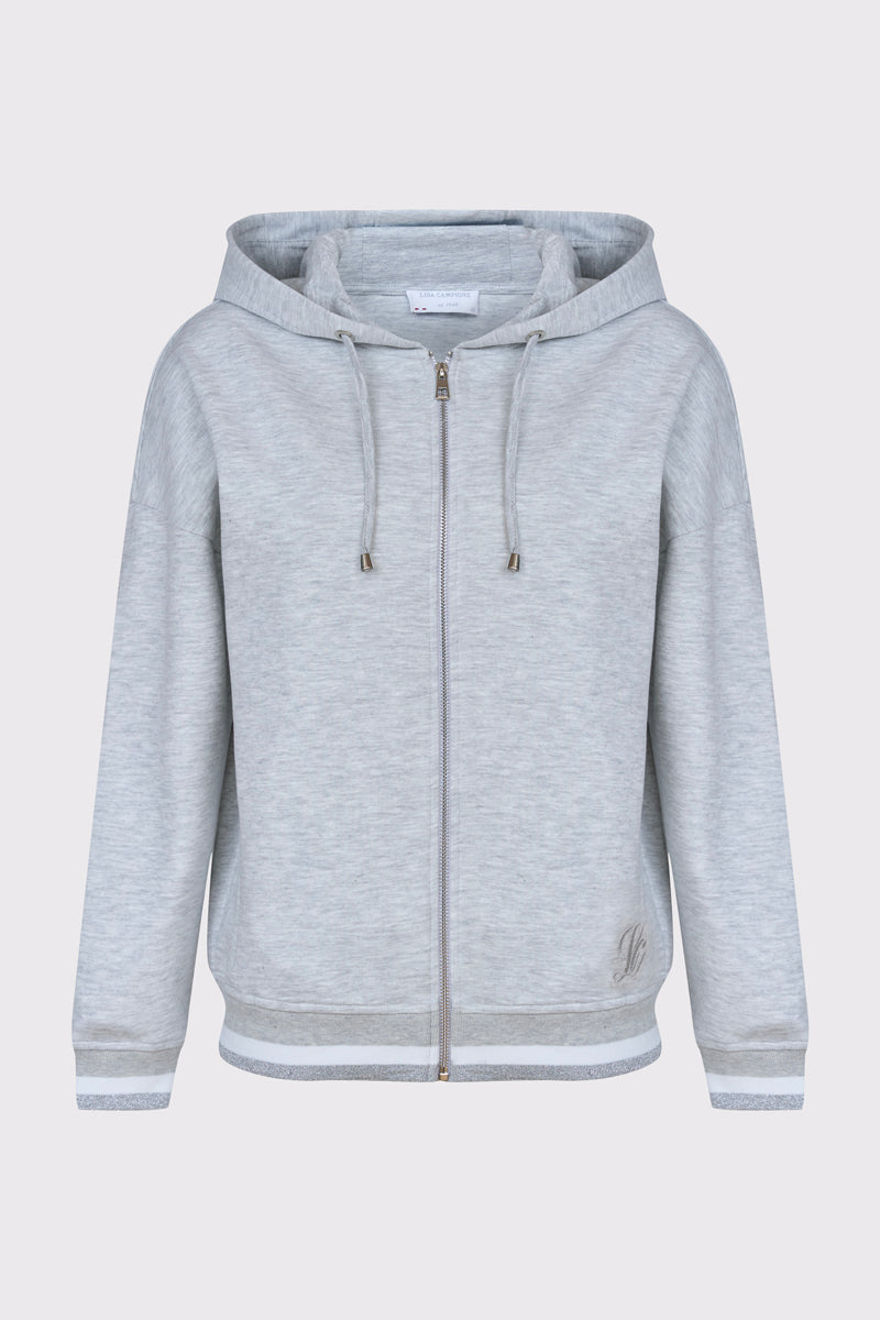 Szara rozpinana bluza z kapturem i srebrną nitką